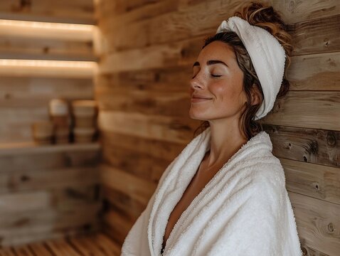smiling woman sitting in spa sauna in white terry robe - Powered by Adobe