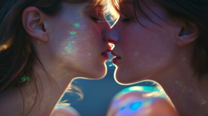 Close-up of two women kissing in vibrant lighting. LGBTQ love, queer representation, gender-fluid fashion, inclusive media, bold colors, modern identity, neon aesthetics.