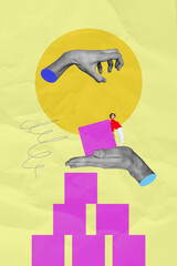 Composite trend artwork 3D image photo collage of huge hand arm wrist hold cube miniature young...