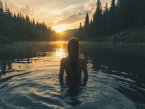 silhouette of a woman from the back standing in the lake