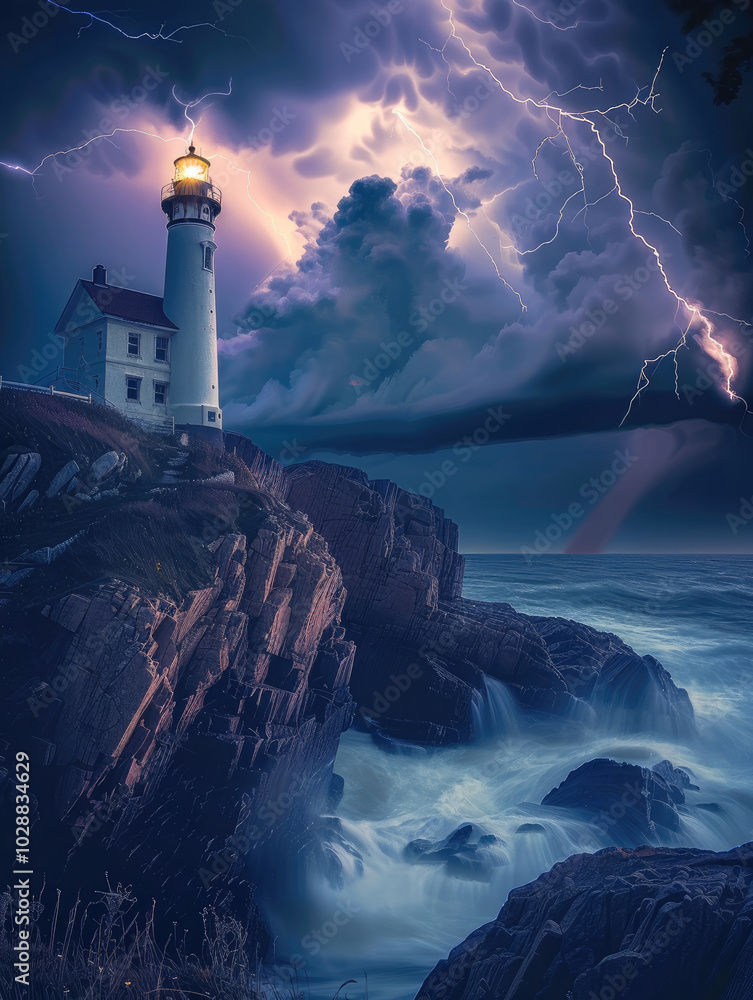 Poster a lighthouse with lightning and thunder, thunderstorm.