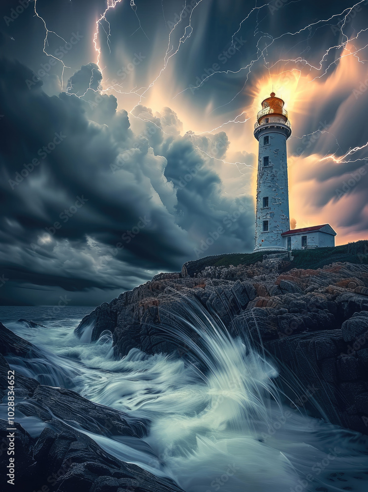 Poster a lighthouse with lightning and thunder, thunderstorm.