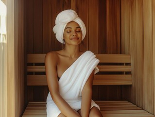 woman in a white robe relaxes in the spa