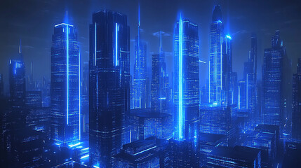 Blue futuristic cityscape with glowing buildings