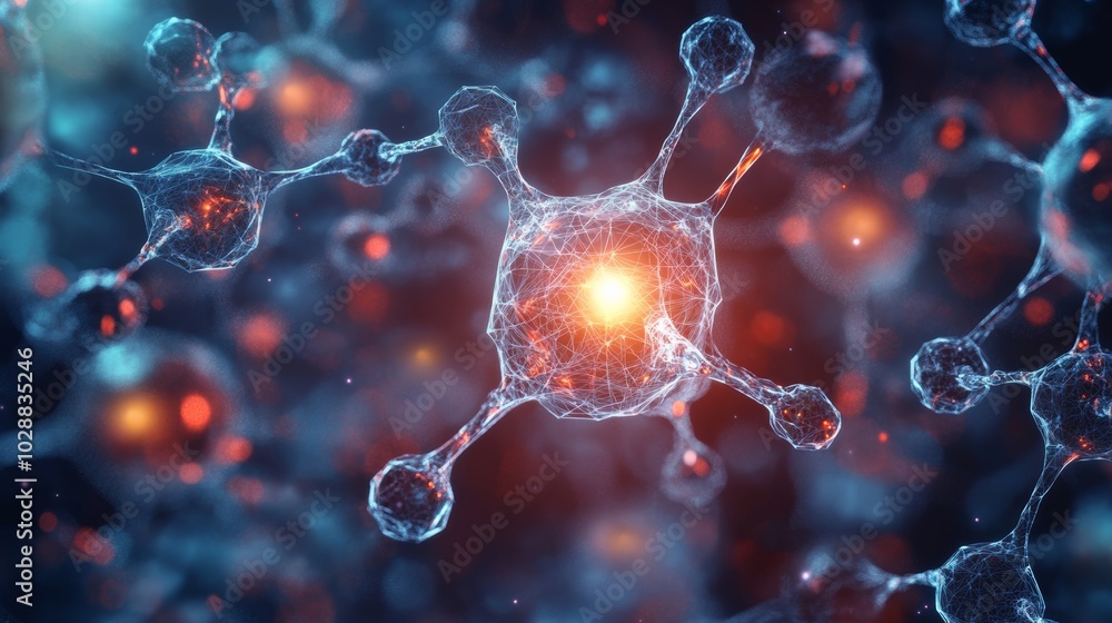 Poster abstract molecular structure with glowing core.