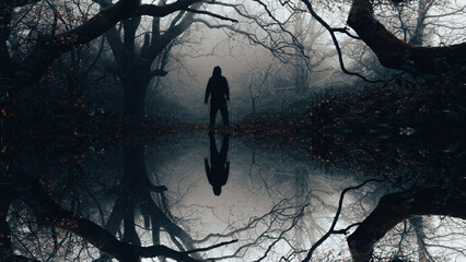 A creepy horror concept. Of a spooky hooded figure. Silhouetted in a mysterious forest on a foggy winters day, reflected upside down.