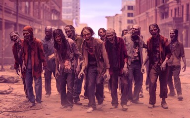a photo of A horde of decaying zombies stumbling through a deserted city, their eyes glowing red and their limbs contorted. 