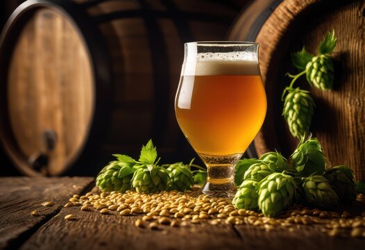 artistic still life composition featuring craft fresh barley rustic settings, amber, beer, beverages, brewery, brewing, container, decanter, drink