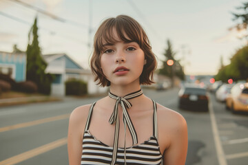 Obraz premium A woman wearing a black and white striped tank top