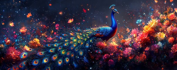 Majestic peacock with vibrant iridescent feathers, surrounded by magical particles and bioluminescent flowers in a mystical garden, ethereal digital scene
