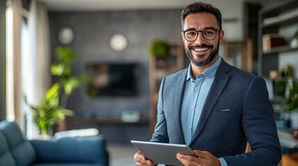 Happy real estate agent sharing information on a digital tablet