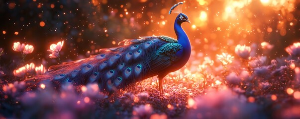 Enchanted garden scene with a majestic peacock, iridescent feathers shimmering, bioluminescent flowers, and magical particles, ethereal digital art