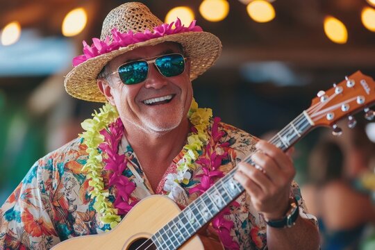 Happy elderly man in hawaiian shirt playing guitar at tropical party