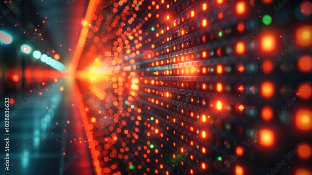Poster a dynamic and reflective display created by bright red and green laser beams emitted from a sensor.