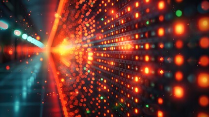 A dynamic and reflective display created by bright red and green laser beams emitted from a sensor.