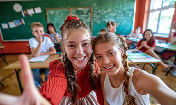 Two girls are smiling and taking a picture of themselves in a classroom