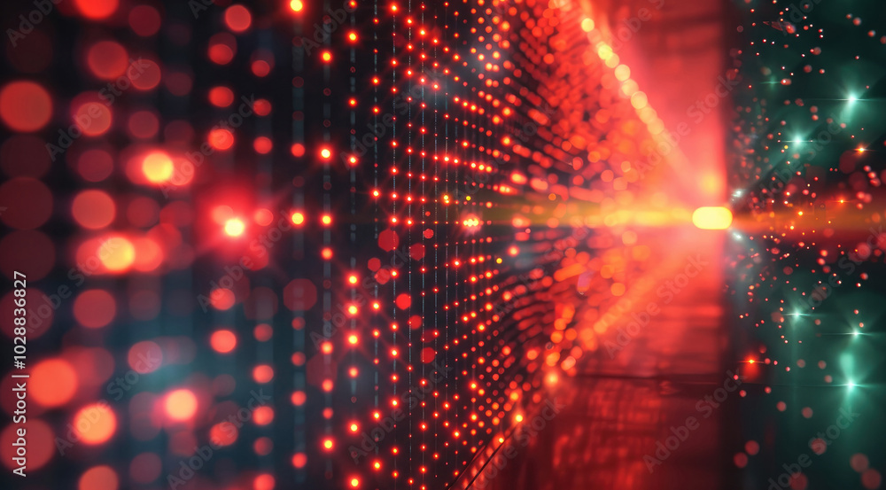 Poster a dynamic and reflective display created by bright red and green laser beams emitted from a sensor.
