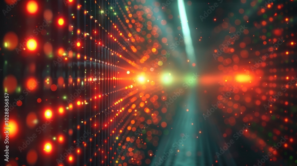 Poster a dynamic and reflective display created by bright red and green laser beams emitted from a sensor.