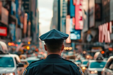 Police officer on duty in urban traffic in busy city center at sunset