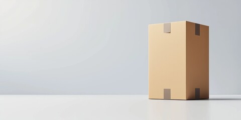 A plain cardboard box stands alone against a minimalist background, symbolizing packaging and shipping in a simple, modern space.