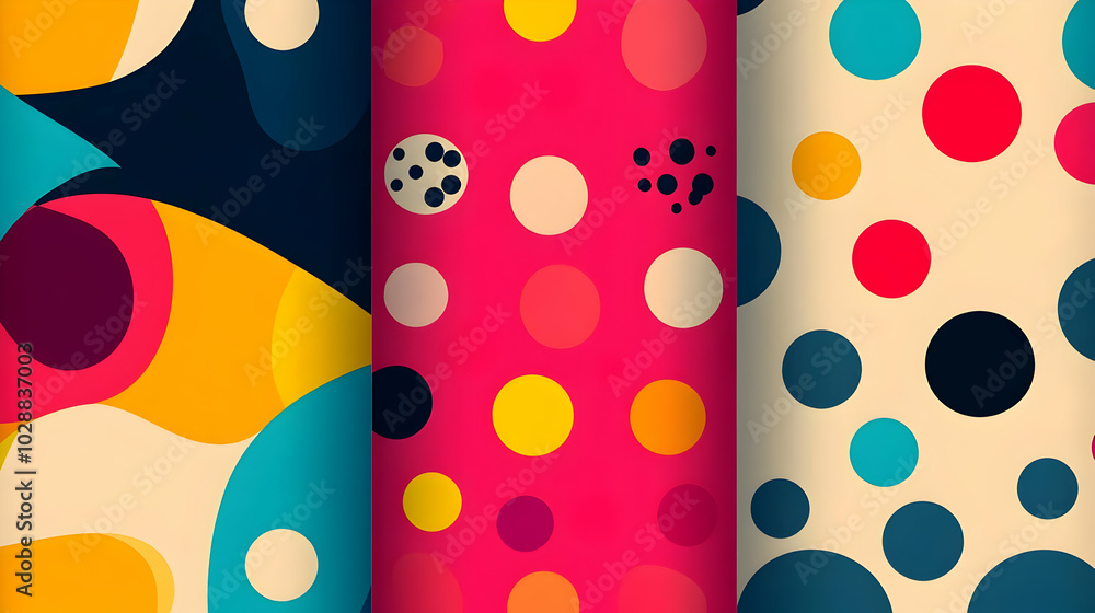 Poster abstract patterns featuring vibrant colors and polka dots.