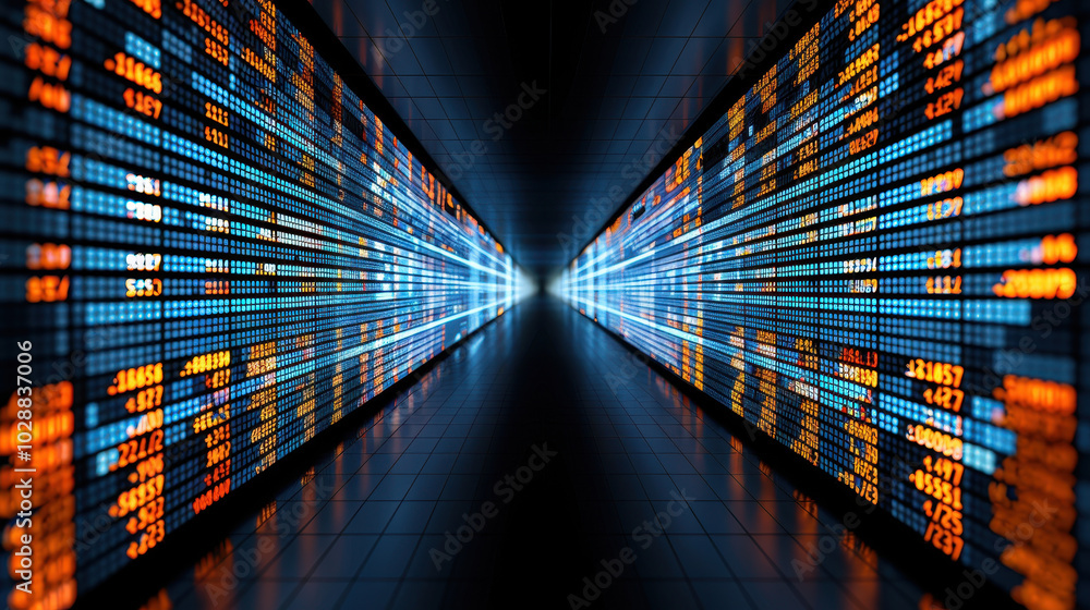 Poster digital representation of stock market data, showcasing vibrant blue and orange numbers on grid, cre