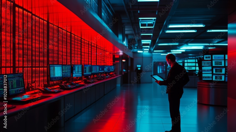 Poster businessman using tablet computer in data center.