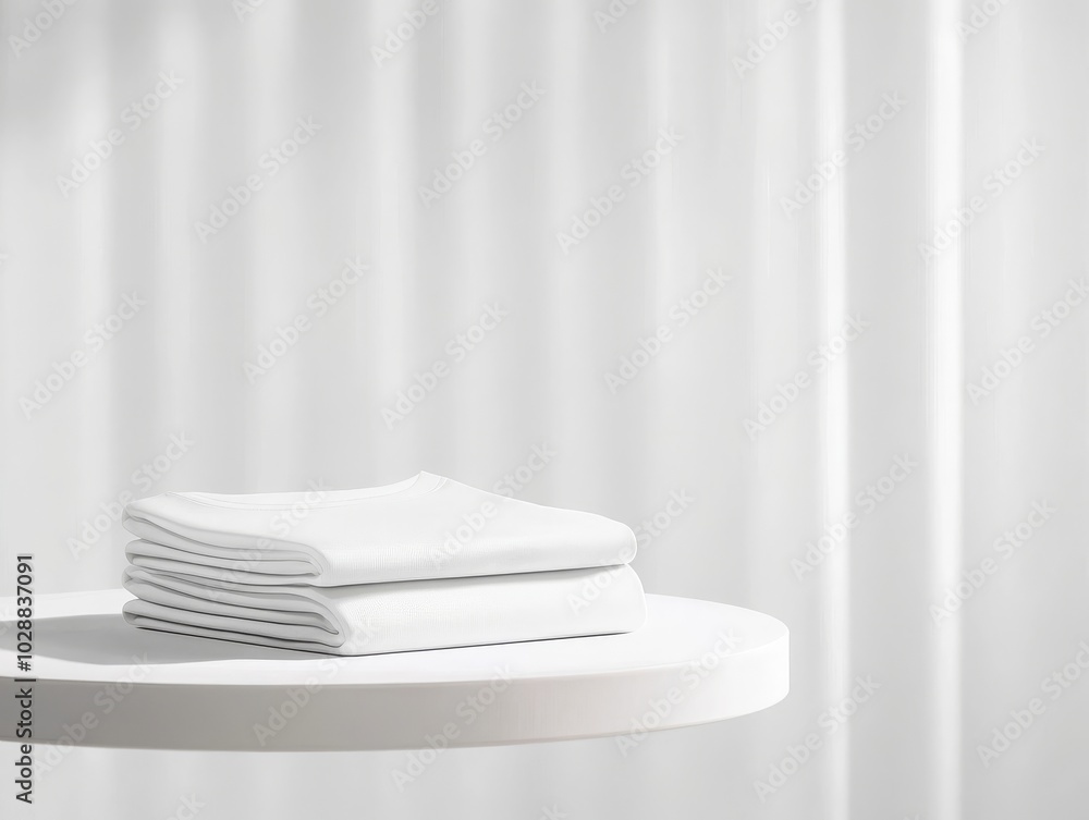 Poster a neatly folded stack of white towels sits on a round table, complemented by a soft, light backdrop.