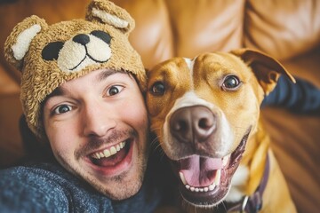 Joyful man and dog enjoying a happy moment together