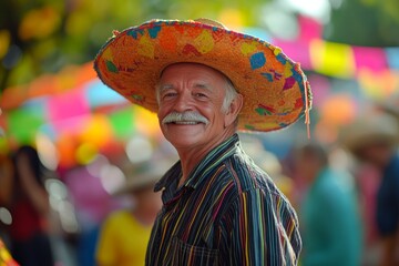 Elderly man in colorful sombrero smiling at fiesta with vibrant background