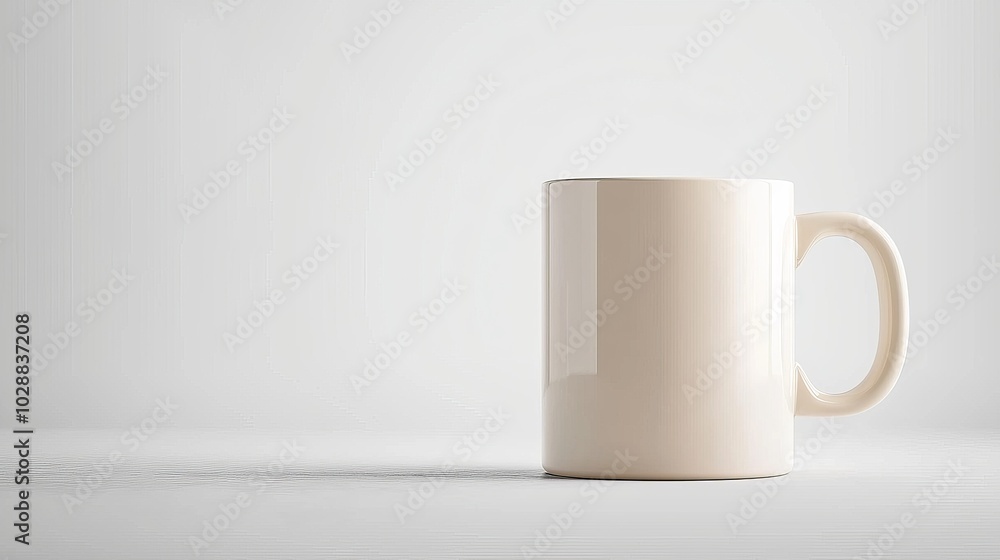 Poster a minimalist image features a single cream-colored mug on a light surface, emphasizing simplicity an