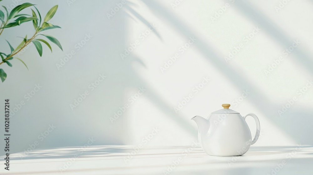 Poster a serene, minimalistic scene featuring a white teapot on a table with soft shadows and a touch of gr