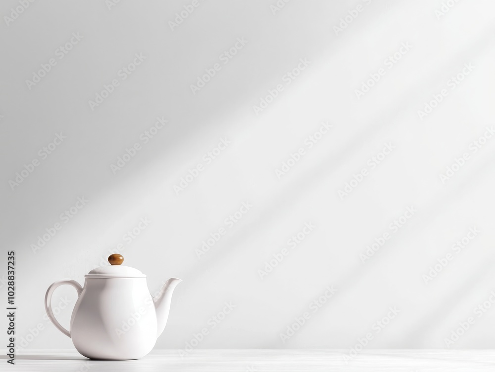 Poster a minimalist white teapot sits on a clean surface, illuminated by soft natural light and casting sub