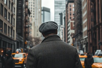 Fototapeta premium Man in tweed coat and cap stands in bustling city street with yellow taxis