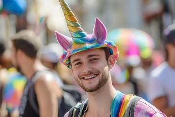 Joyful celebration at a pride parade with colorful unicorn costume