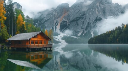 Fototapeta premium Beautiful lake with a wooden cabin on the lake and a mountain background, a beautiful natural scenery with clouds and mist around the mountains, forest trees, lake reflection, green water surface.