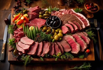 vibrant meat platter displaying rich textures colors variety cuts accompaniments artful arrangement, artisanal, charcuterie, gourmet, selection, serving