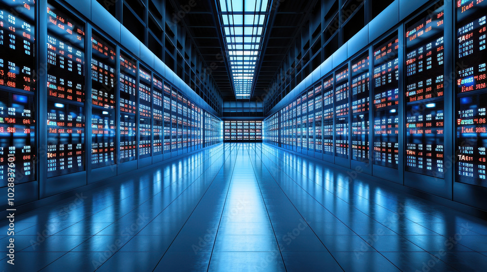 Poster futuristic data center showcasing vibrant display of stock market growth, illuminated by blue lighti