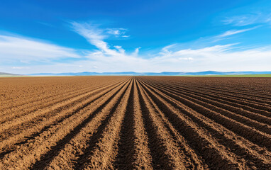 Neatly plowed agricultural field under a bright blue sky with a scenic horizon.