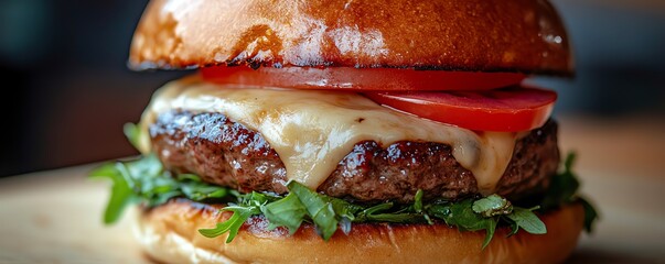 Gourmet burger closeup featuring a mouthwatering juicy patty, melted cheese, and fresh vegetables, beautifully presented in warm, inviting lighting