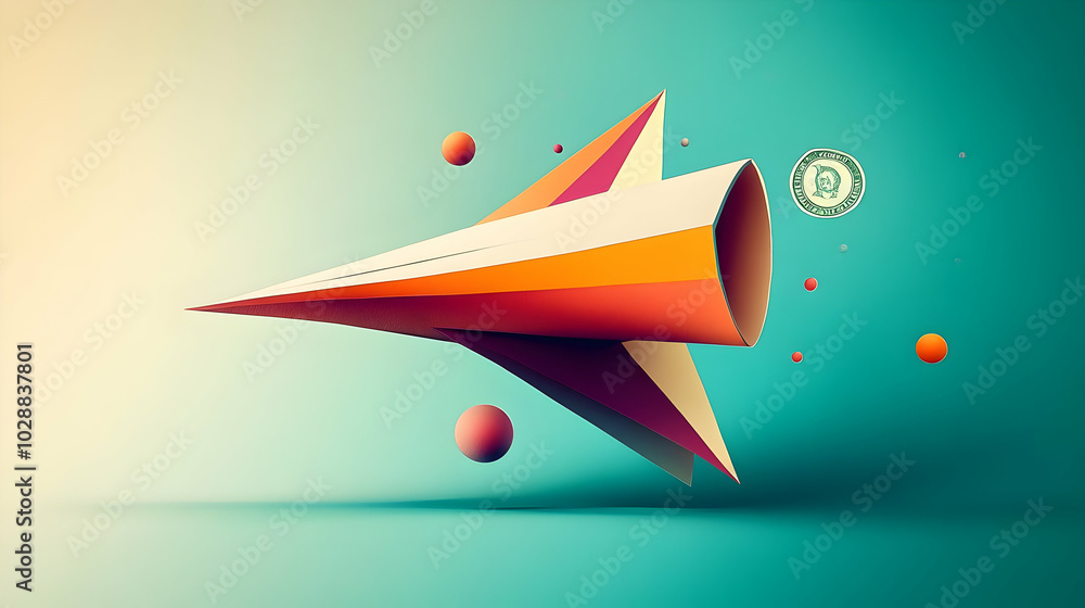 Poster abstract rocket design with colorful elements and a circular icon.
