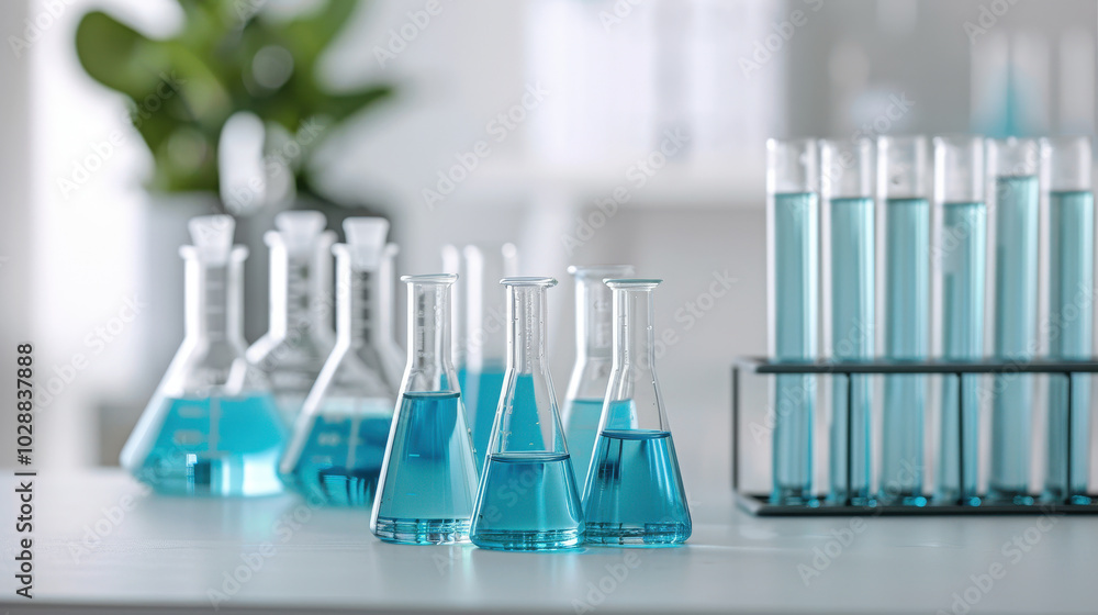Poster laboratory scene featuring glassware with blue liquid, including flasks and test tubes, creating vib