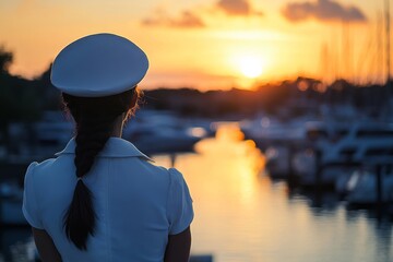 Fototapeta premium Sailor watching vibrant sunset over tranquil marina