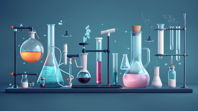 vibrant chemistry lab scene featuring various glassware, including flasks, beakers, and test tubes, showcasing colorful liquids and bubbling reactions. setup is ideal for scientific exploration and