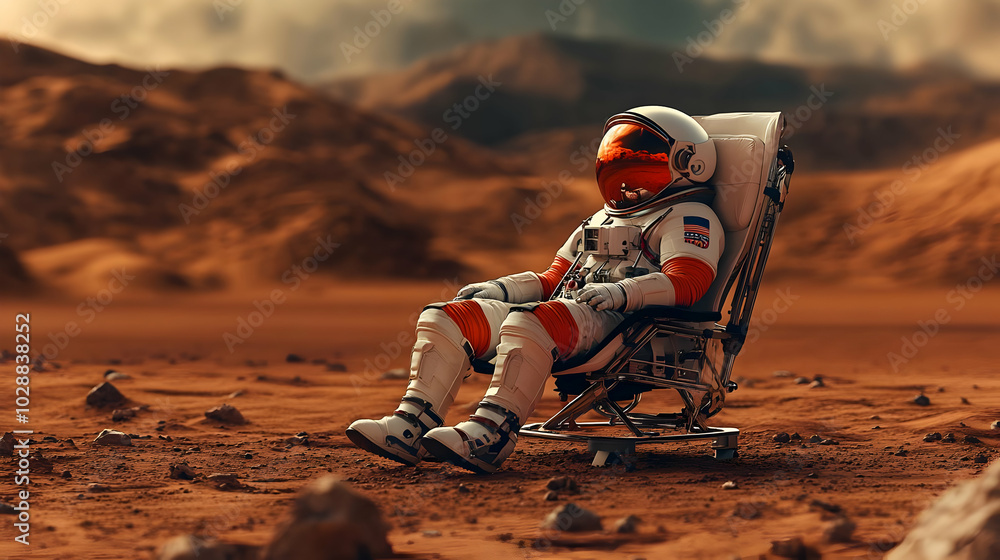 Poster astronaut relaxing on mars' surface in a futuristic setting.