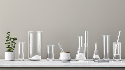 modern chemistry lab setup featuring various glassware, including beakers, flasks, and plant, creates serene and organized atmosphere for scientific exploration