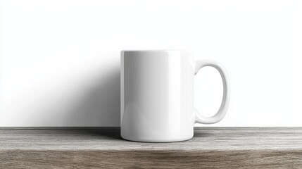 A plain white mug is positioned on a rustic wooden surface against a simple white background.