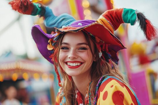Joyful female jester celebrating carnival in vivid attire at fairground
