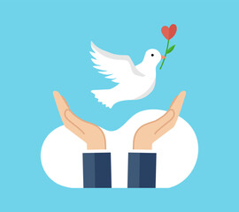 スーツの男性の手で平和の象徴の白い鳩を包んだフラットなベクターイラスト画像	