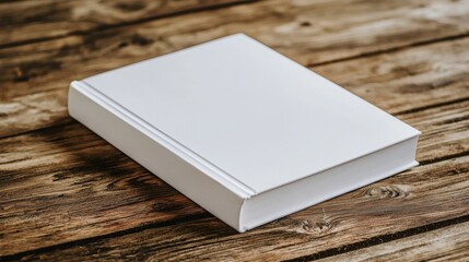 Fototapeta premium A plain white book resting on a wooden surface, showcasing a minimalist design and simplicity.